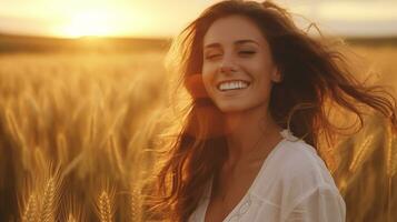 AI generated a woman in a wheat field smiling photo