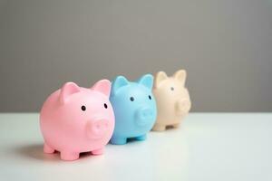 Three piggy banks. Savings and deposit banking. Healthy economy. Diversification of investments and savings. Banking. Good conditions from the bank. Increase capital. photo