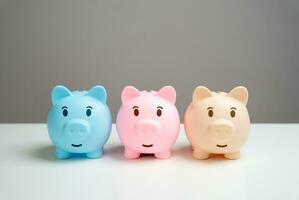 Three cheerful piggy banks. Savings and deposit banking. Diversification of investments and savings. Banking. Terms and conditions from the bank. photo