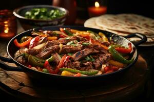 ai generado un Disparo de un candente sartén lleno con fajitas, acompañado por salteado pimientos, cebollas, y calentar tortillas. generativo ai foto