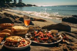 AI generated A picturesque beach picnic with a spread of fresh seafood, sandwiches, salads, and chilled beverages. Generative AI photo