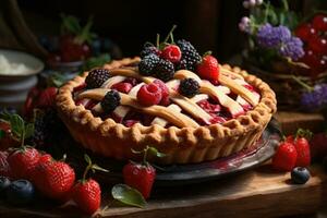 AI generated A rustic pie with a lattice crust, filled with a medley of fresh berries. Generative AI photo