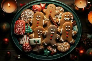 AI generated A festive holiday cookie platter with an assortment of freshly baked cookies and gingerbread figures. Generative AI photo