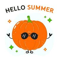 Pumpkin character. Hello summer card. Vector hand drawn cartoon kawaii character illustration icon. Isolated on white background Pumpkin character concept