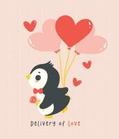 Cute penguin Valentine with heart shape balloons cartoon drawing, Kawaii animal character illustration. vector