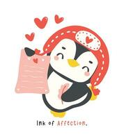 Cute penguin Valentine with love mail cartoon drawing, Kawaii animal character illustration. vector