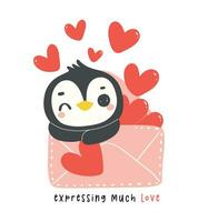 Cute penguin Valentine delivery love mail cartoon drawing, Kawaii animal character illustration. vector