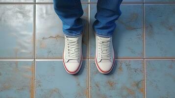 AI generated Legs in jeans and sneakers on tiles showing the cleaning process photo