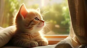 ai generado el momento de descanso es un gatito acostado en el ventana y mirando fuera de foto