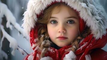 ai generado invierno hada cuento es un retrato de un niño con rojo mitones en el nieve bosque foto