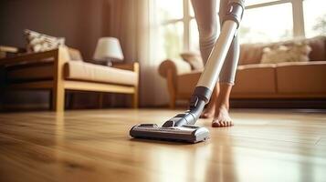 AI generated Women's legs in leggings against the backdrop of a bright parquet vacuuming the floor photo