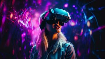 AI generated Immersion in technology is a person immersed in virtual reality photo