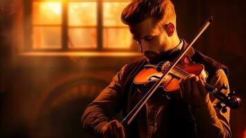 AI generated The violin of the soul is a musician playing the violin in a warm light photo