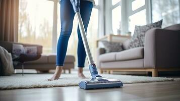 AI generated The girl legs in comfortable jeans vacuuming the floor in a cozy living room photo