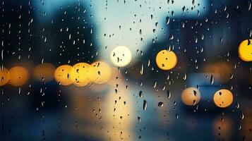 AI generated Through the glass, rain drops on the window with a reflection of street lights photo
