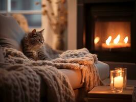 AI generated A beautiful cozy winter or autumn interior in beige. A cat in a plaid on the couch, burning candles, fireplace. The concept of comfort. Photorealistic. AI generated. photo