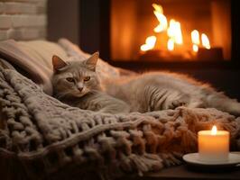 AI generated A beautiful cozy winter or autumn interior in beige. A cat in a plaid on the couch, burning candles, fireplace. The concept of comfort. Photorealistic. AI generated. photo