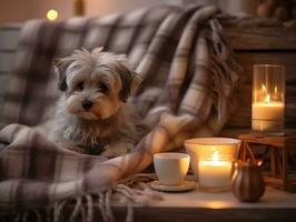 AI generated A beautiful cozy winter or autumn interior in beige. A little dog in a plaid on the couch, burning candles. The concept of comfort. Photorealistic. AI generated. photo