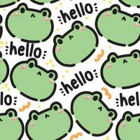 Seamless pattern of cute frog face with hello word on white background.Reptile animal character cartoon design.Baby clothing.Kawaii.Vector.Illustration.Illustrator. vector