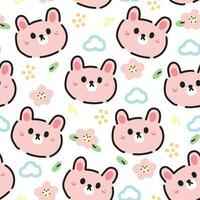 Seamless pattern of cute rabbit face pastel with cloud and flower on white background.Rodent animal character cartoon design.Image for card,baby clothing,print screen.Kawaii.Vector.Illustration. vector