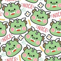 Seamless pattern of cute green dragon face with nice word and flower on white background.Chinese animal character cartoon design.Zodiac.Baby clothing.Kawaii.Vector.Illustration vector