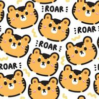 Seamless pattern of cute tiger face with roar word on white background.Wild animal character cartoon design.Image for card,poster,baby cllothing.Kawaii.Vector.illustration.Illustrator. vector