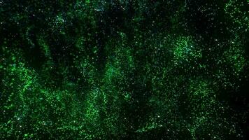 3D camera flyby through sparkles. Glowing green particles. The background. New Year video