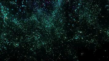 Circular video. 3D flyby of the Comera through an abstract starry sky. Glowing particles.a black background with blue and green lights video