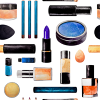 Blue pattern of decorative cosmetics. Watercolor. Powder and mascara, blue lipstick and eyeliner, blender, eyeshadow, nail polish, brush, pencil, contouring, highlighter, concealer. For textile. png