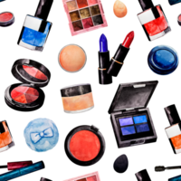 Red blue pattern of decorative cosmetics. Watercolor. Powder and mascara, lipstick and blush, blender, eyeshadow, nail polish, puff, brush, contouring, highlighter, concealer. For fabric or textile. png