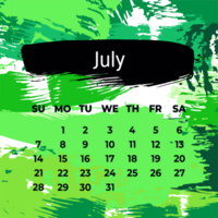 Page for july 2024 year. Square calendar planner for a month. Green background. Design template for layout png