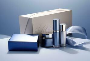 AI generated a blue box contains a package of three cosmetic products photo