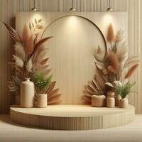 AI generated Wooden Display Podium with Plants and Wooden Wall photo