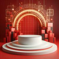 AI generated Round Podium For Product Advertising Stand Exhibition on Red Background with 3d Cube photo