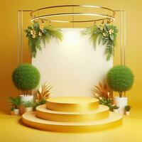 AI generated Round Podium For Product Advertising Stand Exhibition with Yellow Background with Foliage photo