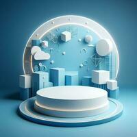 AI generated Round Podium For Product Advertising Stand Exhibition on Blue Background with 3d Cube photo