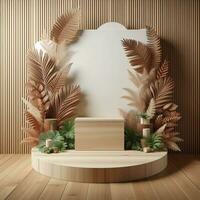 AI generated Wooden Display Podium with Plants and Wooden Wall photo