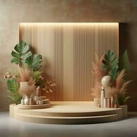 AI generated Wooden Display Podium with Plants and Wooden Wall photo