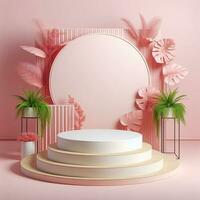 AI generated Round Podium For Product Advertising Stand Exhibition with Pink Background with Foliage photo