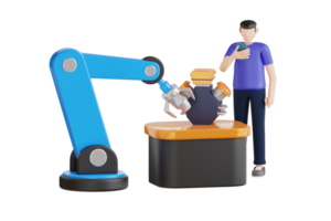 3d illustratie van technicus controlerend robot arm met smartphone. productie automatisering 3d illustratie. robot productie concept png