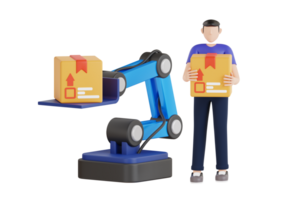 Robot arm lifting a cardboard box 3d illustration. Industrial robotic arm lifts a load. 3D Illustration png