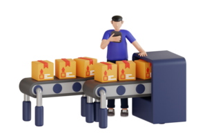 3d illustration of Cardboard boxes on a conveyor belt. Warehouse workers controlling automated robotic line via smartphone device png