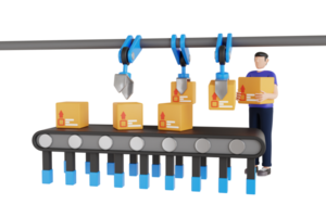 kartong lådor på transportband bälte i fabrik 3d illustration. 3d illustration av låda på automatisk mekanisk förpackning transportband linje png