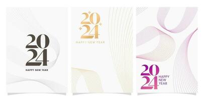 three banners models designs with lines the numbers 2024 isolated backgrounds for New Year calendar, covering, social media header, greeting cards, screen printing, catalogue booklet, magazine covers vector