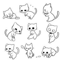 Simple Cute cartoon graffiti.  Line art. Little kitten. Hand drawn cute black line drawing . Various gestures and expressions vector