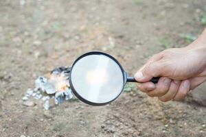 Close up hand hold magnifying glass to make fire for burning paper. Concept, Scicence experiment about convex lens, hold magnifying glass between the sun and tinder. Handy survival skill photo