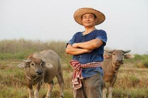 hermoso asiático hombre granjero usa sombrero, azul camisa, cruzado brazos en pecho, soportes a animal granja. concepto, ganado, tailandés agricultores aumento y tomar cuidado búfalos como económico y exportar animales foto