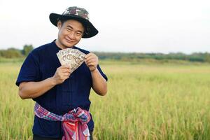 hermoso asiático hombre granjero es a arrozal campo, sostiene efectivo tailandés billete de banco dinero. siente seguro. concepto, agricultura ocupación. tailandés agricultor. ganancia, ingreso. foto