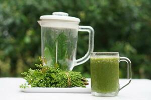 verde zalamero herbario vegetales en vaso, al aire libre antecedentes. concepto, sano bebida para salud. bien siendo y peso pérdida menú. hecho en casa refrescante Fruta bebidas alto fibras, desintoxicación foto