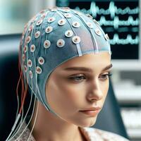 ai generado un joven caucásico hembra paciente pasando eeg examen. generativo ai. foto